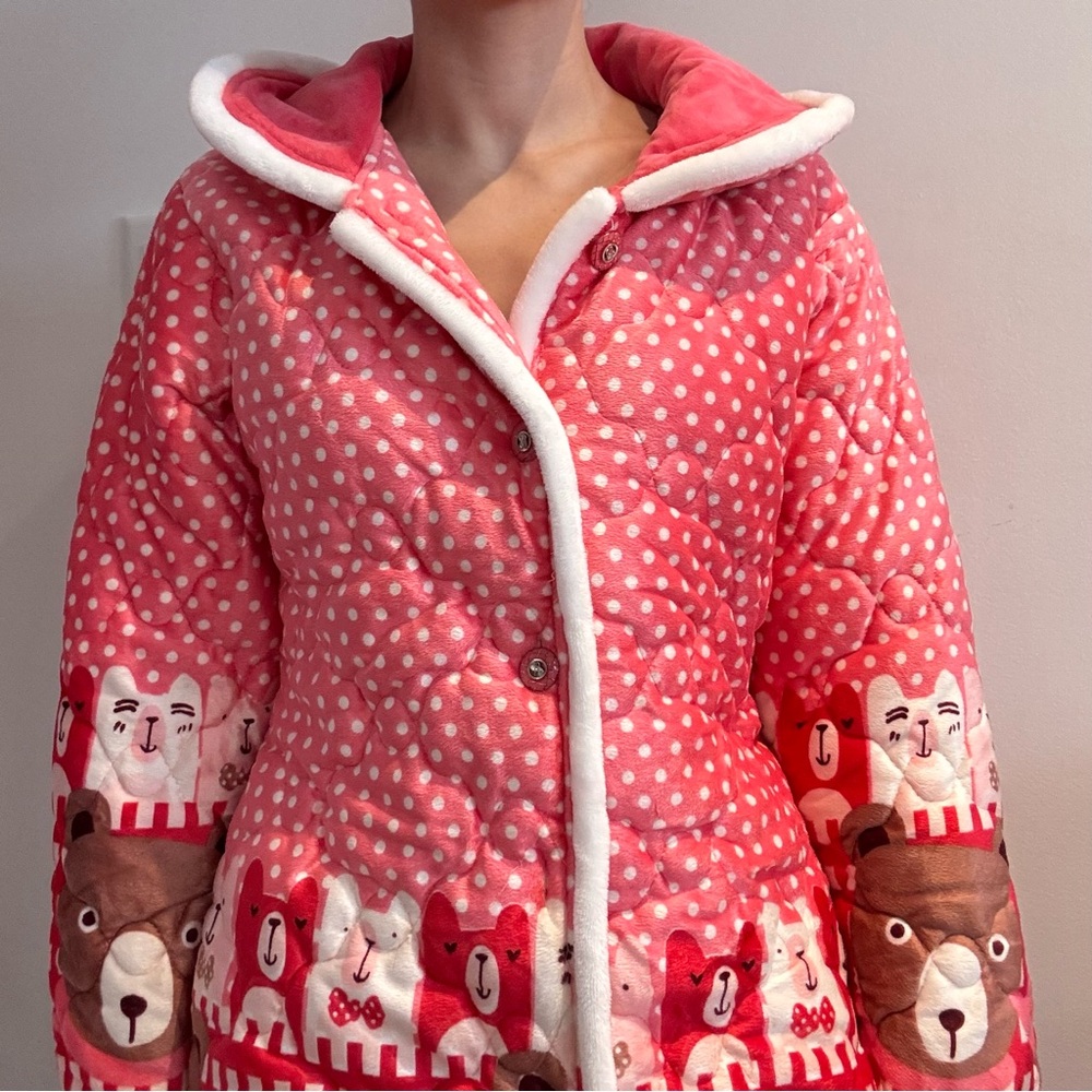 Pink Polka Dot Quilted Jacket with Bear Design